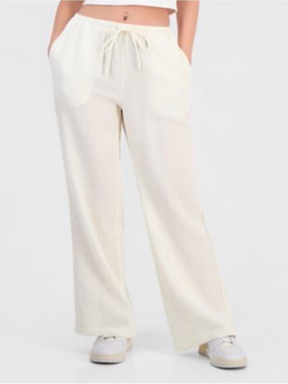 Women's Cream Wide-Leg Drawstring Pants